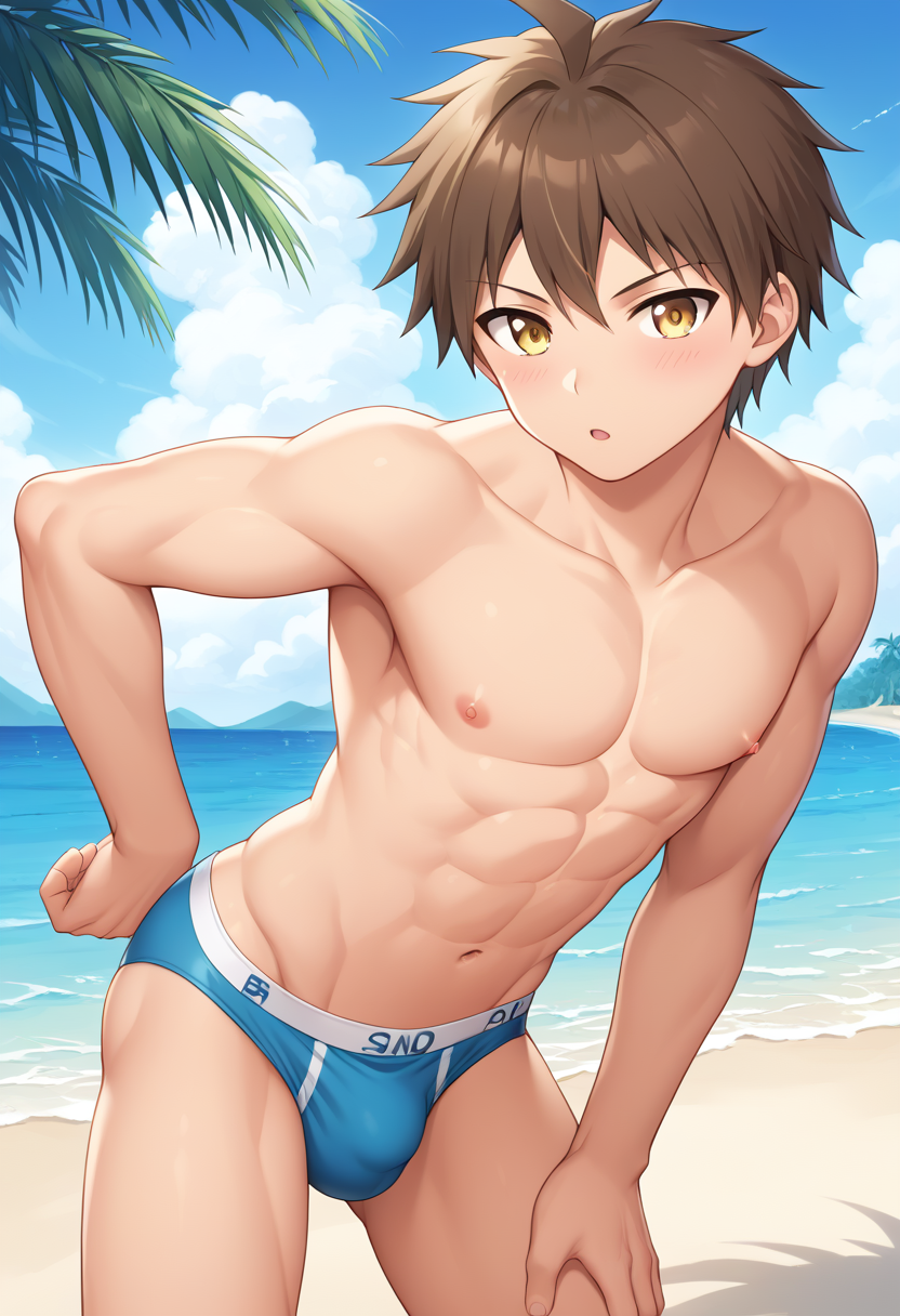 1boy abs ahoge ai_generated almost_naked almost_nude armpits artist_request beach bent_over big_bulge blue_sky blush broad_shoulders brown_hair bulge cloud clouds cute_face danganronpa danganronpa_2:_goodbye_despair fist_on_own_hip half_naked half_nude hand_on_thigh hazel_eyes hinata_hajime looking_at_viewer male male_only muscles muscular muscular_male palm_tree pectorals pose posing posing_for_the_viewer pretty_boy speedo swimsuit tagme thighs twink twunk