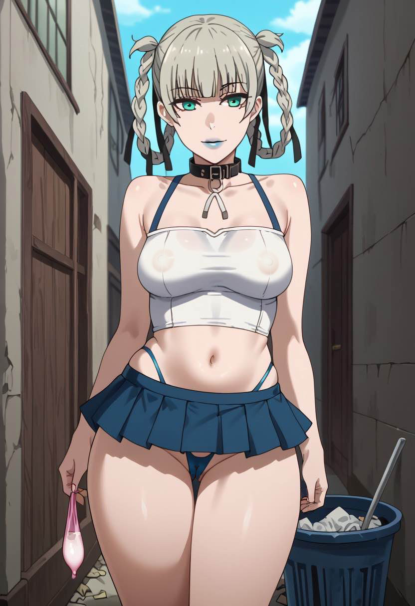 1girls ai_generated big_ass cameltoe green_eyes grey_hair kakegurui lonhun1028 medium_breasts microskirt momobami_kirari nipples prostitution thick_thighs used_condom