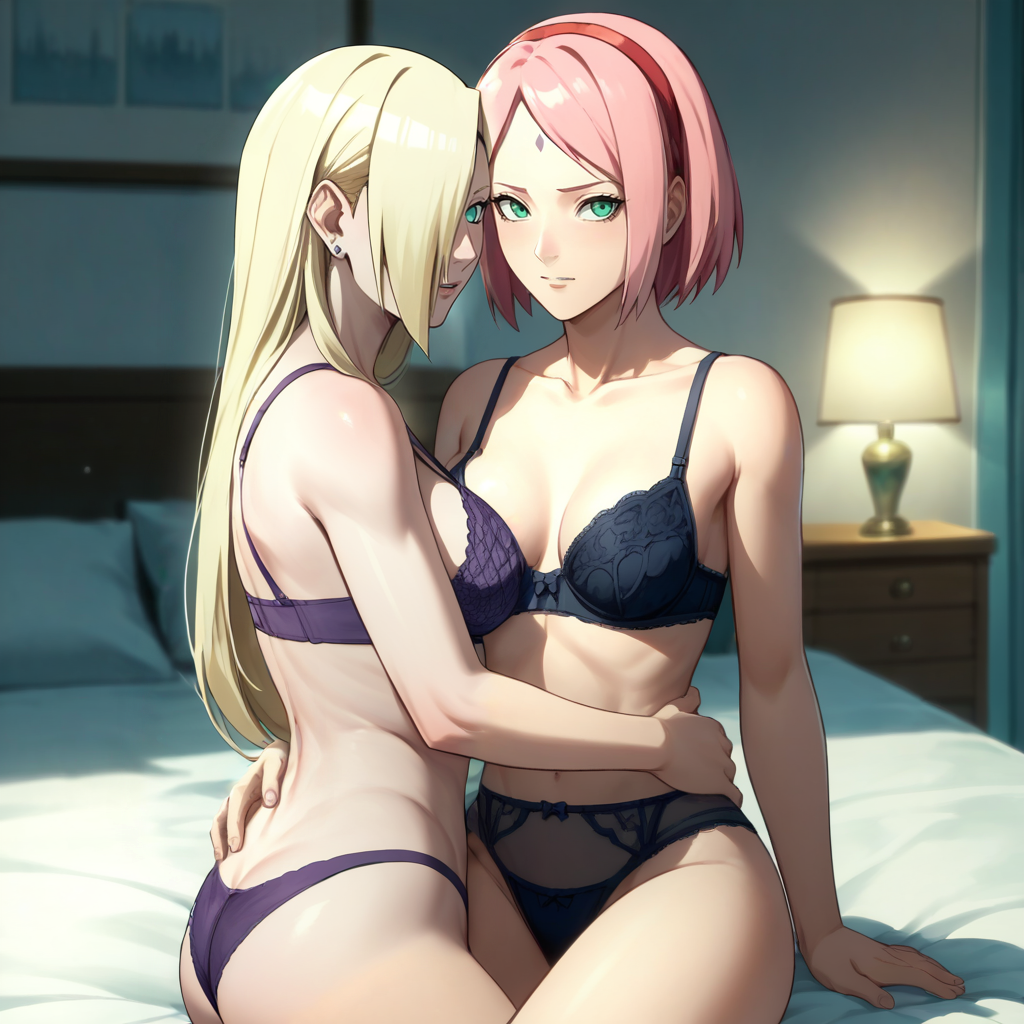 2girls ai_generated arpeter2 asymmetrical_docking bed bedroom before_sex belly_button black_lingerie blonde_hair blue_eyes blush boruto:_naruto_next_generations bra breast_press breasts bustier cleavage collarbone embrace facial_mark female female/female female_only forehead_mark g-string green_eyes high_resolution huge_breasts indoors ino_yamanaka inviting_to_sex light-skinned_female light_skin lingerie mature mature_female midriff milf multiple_girls nai_diffusion naruto naruto:_the_last naruto_(series) navel on_bed oppai panties pink_hair purple_lingerie sakura_haruno shiny shiny_hair shiny_skin sitting sitting_on_bed smile stable_diffusion stockings thick_thighs thighs thong tied_hair underwear underwear_only voluptuous yuri