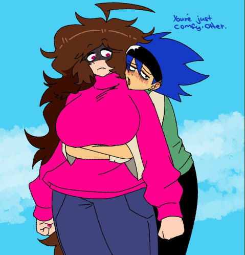 ayumi_(swirlwaffle) ayumi_old_design_(swirlwaffle) big_breasts blue_hair blush breasts brown_hair creepypasta freckles_on_face friday_night_funkin holding_breast hugging hugging_from_behind long_hair long_sleeves pink_clothing pink_eyes pink_nails shirt sonic.exe sonic.exe_(series) sonic.raw text thick_thighs turtleneck