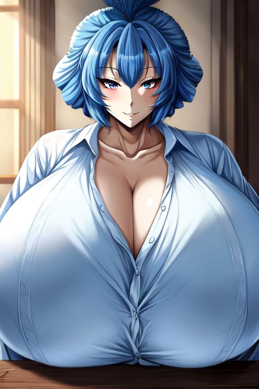 ai_generated blue_hair hyper_breasts naughty_smile seductive_look sugar_mommy