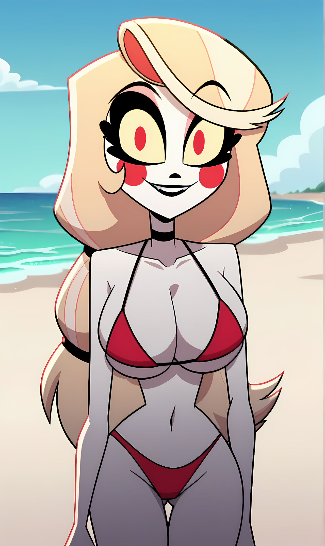 ai_generated beach big_breasts bonnieaiart charlie_morningstar charlie_morningstar_(hazbin_hotel) hazbin_hotel red_bikini tagme