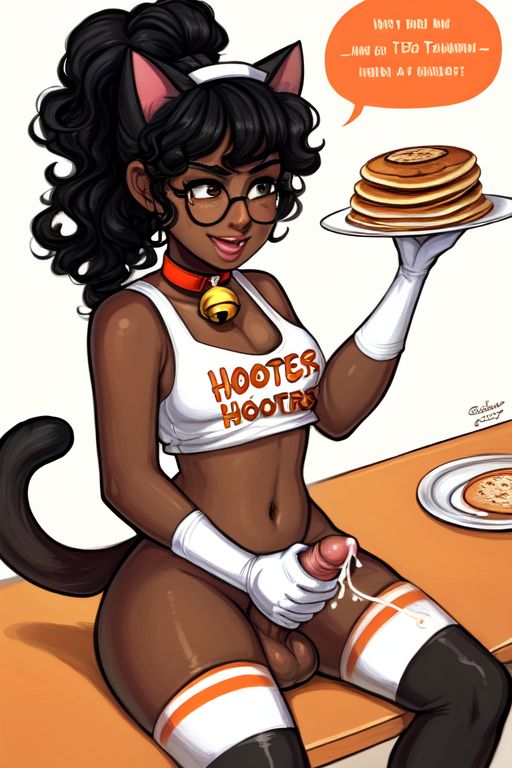 ai_generated bell_collar collar crop_top cum cum_in_food cum_on_food dark-skinned_male dark_skin femboy femboy_hooters food food_play glasses gloves hooters hooters_uniform masturbation pancake ponytail tagme thick_thighs thigh_socks thighhighs uniform waitress wide_hips