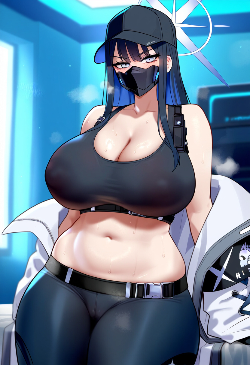 1girls ai_generated areolae_visible_through_clothing big_breasts blue_archive blue_eyes blue_hair breasts female female_focus female_only halo hat hips huge_breasts large_breasts looking_at_viewer mask navel nipples_visible_through_clothing saori_(blue_archive) thick_thighs thighs wide_hips