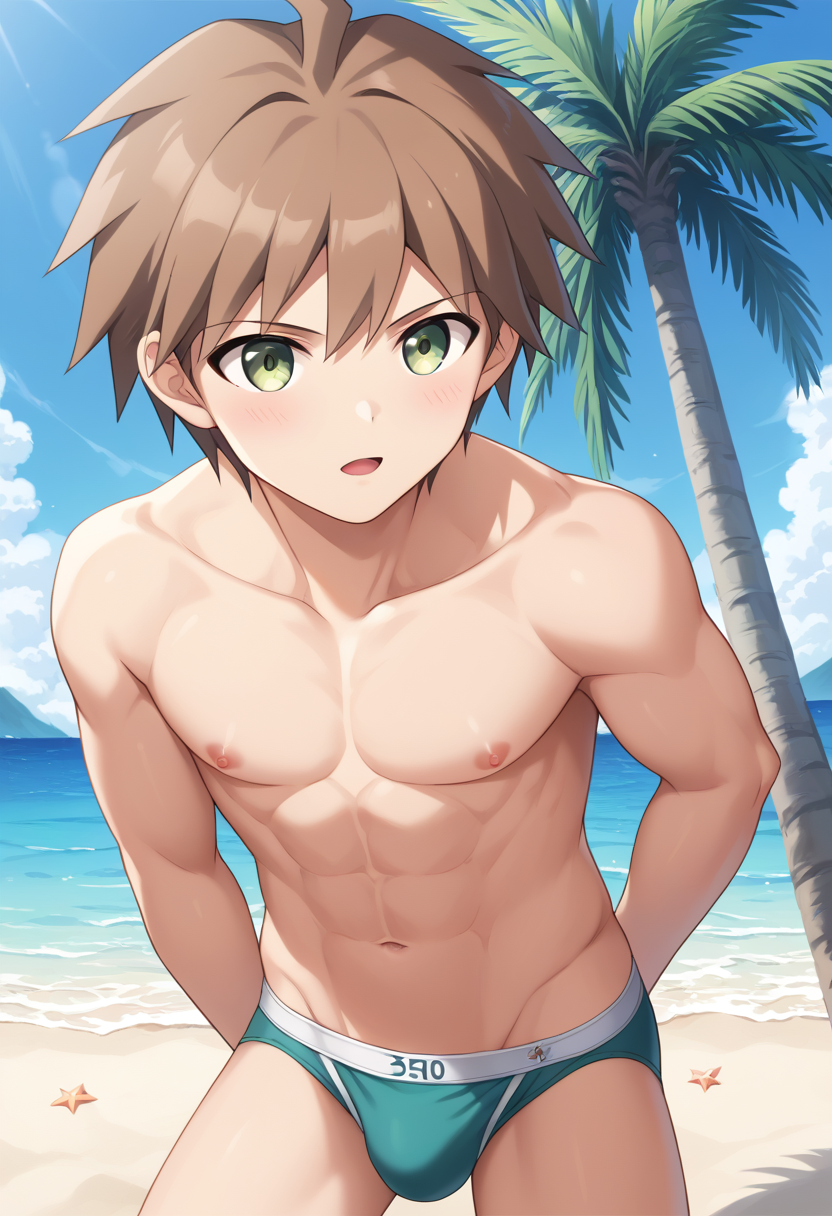 1boy abs ahoge ai_generated almost_naked almost_nude artist_request beach big_bulge blue_sky blush broad_shoulders brown_hair bulge cloud clouds cute_face danganronpa danganronpa:_trigger_happy_havoc green_eyes half_naked half_nude looking_at_viewer male male_only muscles muscular muscular_male naegi_makoto palm_tree pectorals pretty_boy speedo surprised surprised_expression swimsuit tagme thighs twink twunk