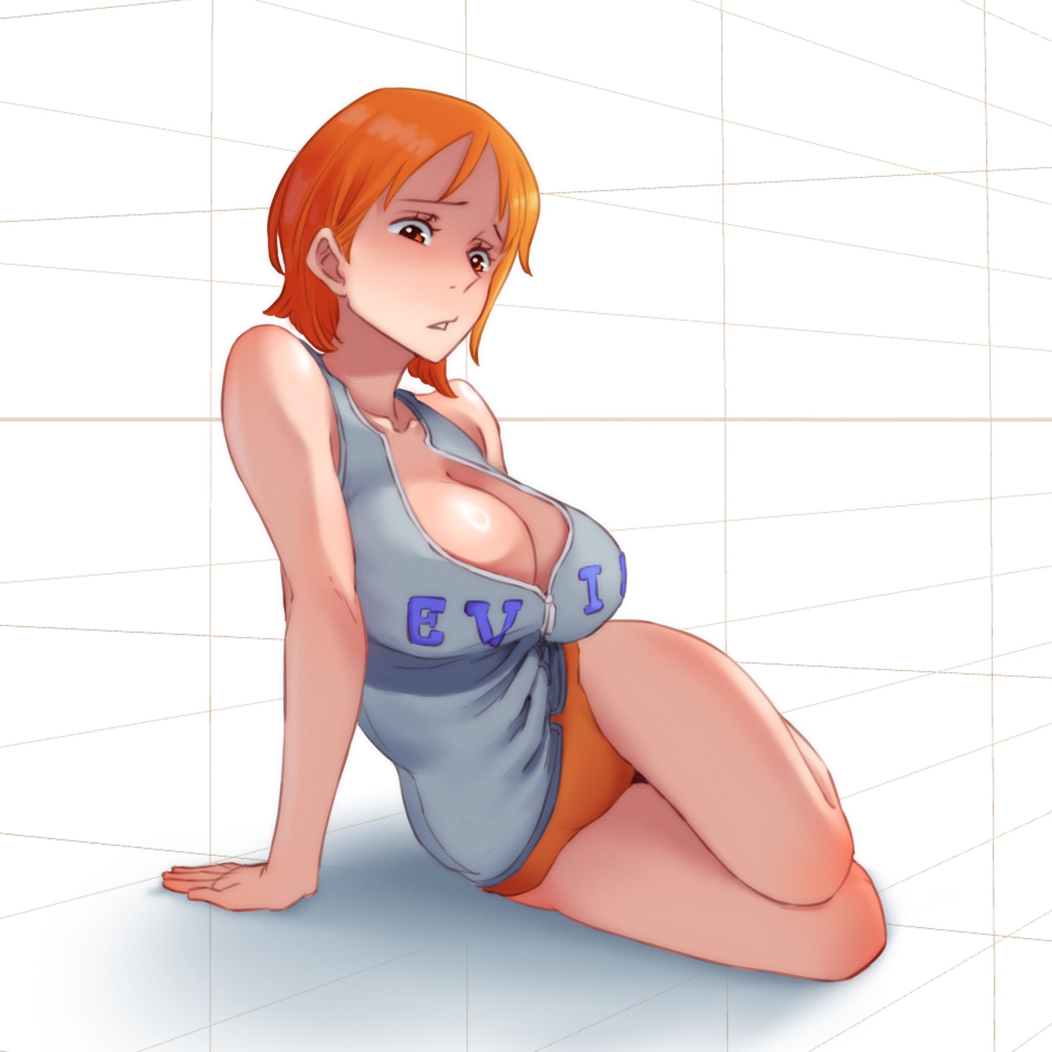 1girls, arm support, bare chest, bare hands, bare knees, bare legs, bare shoulders, bare thighs, breasts, busty, busty female, busty teenager, cleavage, clothing, collarbone, curvaceous, curvaceous body, curvaceous female, curvaceous figure, curvaceous hips, curvaceous thighs, curvy, curvy body, curvy female, curvy figure, curvy hips, curvy thighs, exposed arms, exposed chest, exposed legs, exposed shoulders, exposed skin, exposed thighs, female, female focus, female human, female only, fingers, futz 11, groin, head tilt, high resolution, highres, hourglass figure, human, knees, large breasts, lean figure, nami (one piece), narrow waist, one piece, orange eyebrows, orange eyes, orange hair, orange-eyed female, orange-haired female, pre-timeskip, short hair, shoulders, simple background, sitting, slender body, slender waist, slim waist, solo, teenage female, teenager, thick thighs, thighs, tilted head, upper body, white background, wide hips, young female, young woman