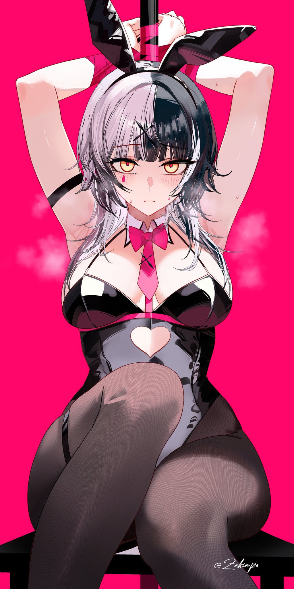 armpits arms_up black_hair bunny_ears bunnysuit female_only hair_ornament hololive hololive_english hololive_english_-advent- latex looking_at_viewer multicolored_hair pantyhose pole rabbit_hole_(cosplay) shiori_novella sweat sweat_clouds teardrop_tattoo virtual_youtuber white_hair