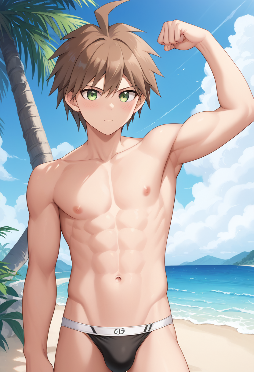 1boy abs ahoge ai_generated almost_naked almost_nude artist_request beach big_bulge blue_sky blush broad_shoulders brown_hair bulge cloud clouds cute_face danganronpa danganronpa:_trigger_happy_havoc green_eyes half_naked half_nude looking_at_viewer male male_only muscles muscular muscular_male naegi_makoto palm_tree pectorals pose posing pretty_boy showing_off speedo swimsuit tagme twink twunk