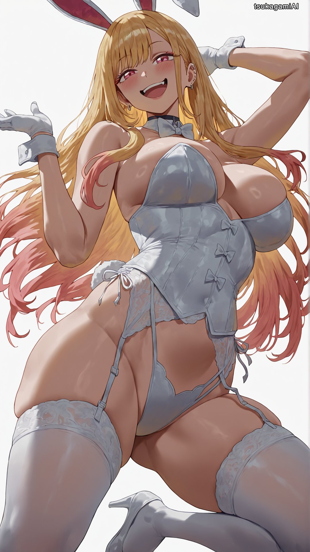 1girls, ai generated, big breasts, blonde female, blonde hair, blonde hair female, blonde-haired female, blush, blush lines, blushing at viewer, blushing female, breasts, bunny costume, bunny ears, bunny girl, bunnysuit, busty, busty female, curvy, female, female focus, female only, kitagawa marin, light skin, light-skinned female, long hair, looking at viewer, low-angle view, my dress up darling, only female, open mouth, pink eyes, sono bisque doll wa koi wo suru, tsukagamiai, white background