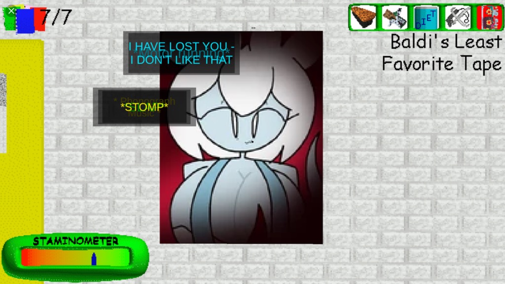 baldi&#039;s_basics_in_education_and_learning baldi&#039;s_basics_plus baldis_basics big_breasts blue_skin caption character_request five_nights_at_treasure_island five_nights_in_anime five_nights_in_anime_treasure_island game_ui inventory mod no_nose no_visible_genitalia notebook poster poster_(object) screenshot simple_eyes simple_face stamina_bar what white_hair wtf