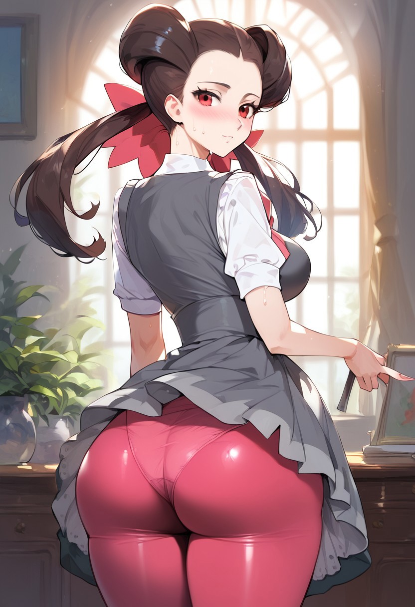 1girl ai_generated ass ass_focus big_ass big_breasts breasts brown_hair civitai collared_shirt curvy dress eyelashes female grey_dress hair_ribbon hairbuns highres huge_ass large_ass large_breasts long_hair looking_at_viewer nintendo panties pantyhose pink_panties pink_pantyhose pokemon pokemon_oras pokemon_rse red_eyes roxanne_(pokemon) roxanne_(pokemon_oras) see-through see-through_clothing see-through_pantyhose shirt short_sleeves smile solo twintails voluptuous white_shirt wide_hips