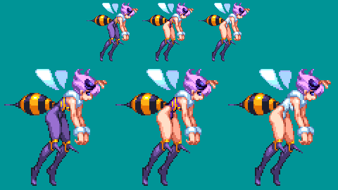 2020 alternate_costume bee capcom fake_eyes female girl hunched_over insect_girl insect_humanoid insect_wings insects not_porn ohgaki_m pixel_art purple_hair q-bee sfw short_hair sprite sprite_art stinger_(anatomy)