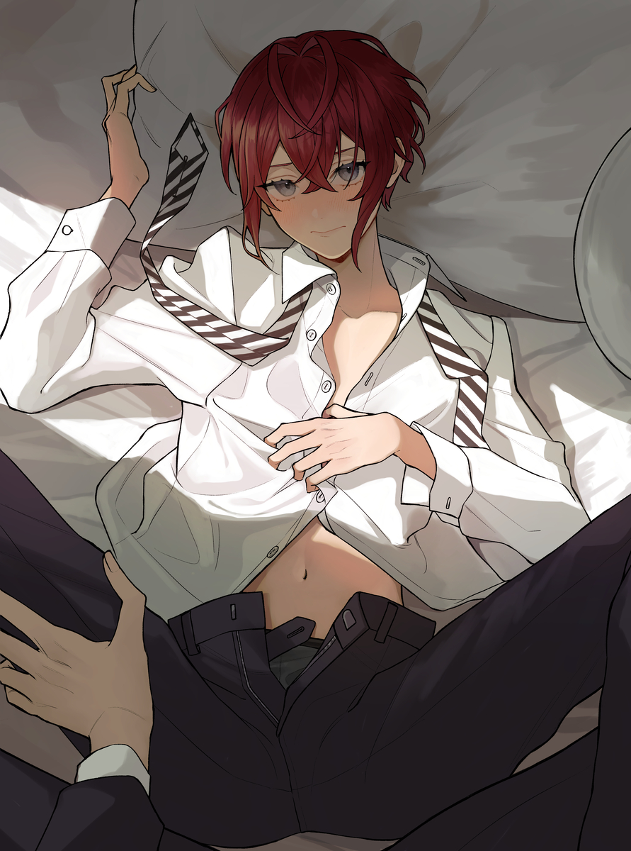 2boys blush blushing blushing_at_viewer boy_on_boy boy_only clothed clothing clothing_aside cute cute_male floyd_leech gay gray_eyes legs_apart legs_held_open lgbt red_hair riddle_rosehearts spread_legs spreading undressing yaoi