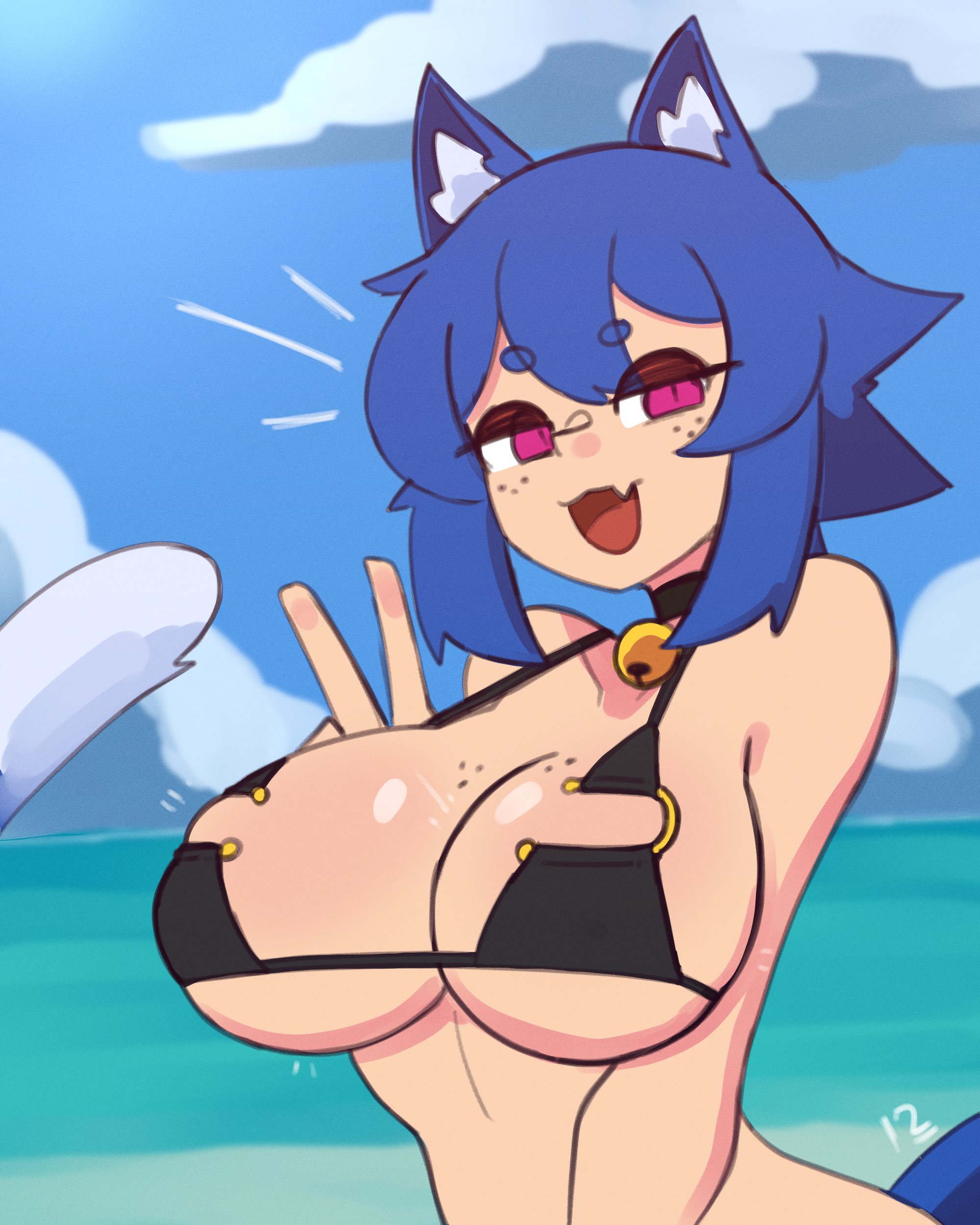 :3, :d, 1girls, animal ears, bell, blue hair, breasts, cat ears, cat girl, cat tail, catgirl, docecaedrus, female, florida bikini, jingle bell, large breasts, open mouth, original, pink eyes, short hair, swimsuit, xiao (docecaedrus)
