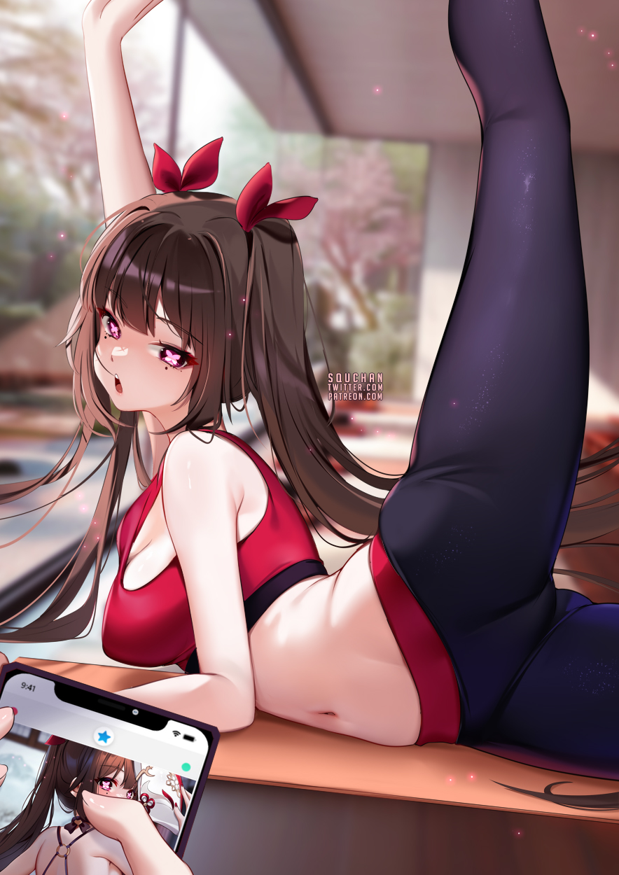 arm_up armpits ass bangs bare_shoulders black_hair blurry breasts brown_hair cellphone cleavage female flexible hair_ribbon large_breasts leg_up long_hair looking_at_viewer midriff navel open_mouth pants phone pink_eyes purple_eyes ribbon smartphone solo sparkle_(honkai:_star_rail) split sports_bra squchan standing standing_on_one_leg standing_split stomach stretch twintails very_long_hair