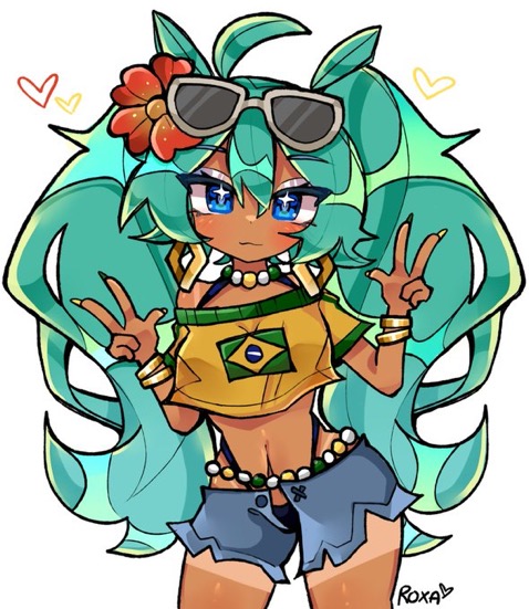 blue_eyes blue_hair bracelets brazilian brazilian_flag brazilian_miku double_peace_sign flower flower_in_hair hatsune_miku heart necklace roxapox sparkly_eyes sunglasses sunglasses_on_head tagme tanline tanned