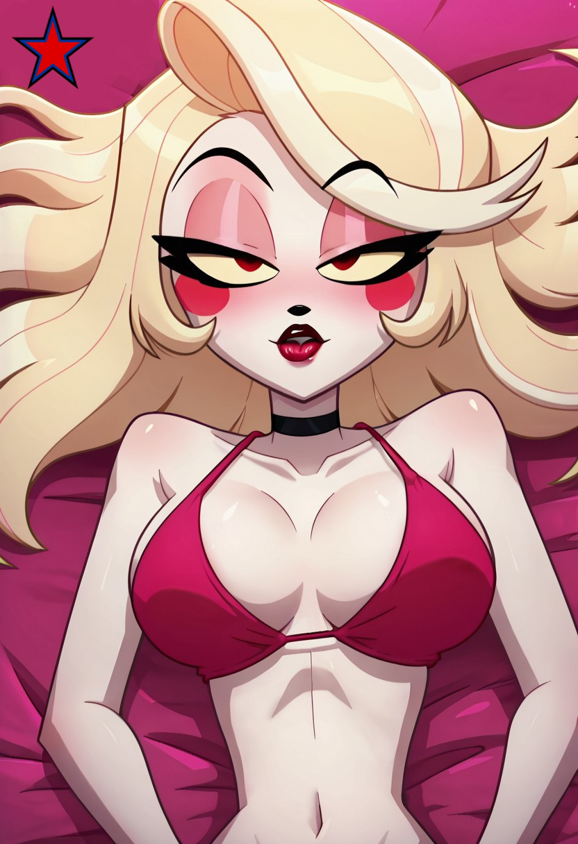 ai_generated big_breasts bikini bikini_top blush blushing_at_viewer charlie_morningstar charlie_morningstar_(hazbin_hotel) eyeshadow fuck_me_eyes glossy_lips hazbin_hotel looking_at_viewer makerdeviant puckered_lips red_lipstick seductive seductive_look tagme vivziepop