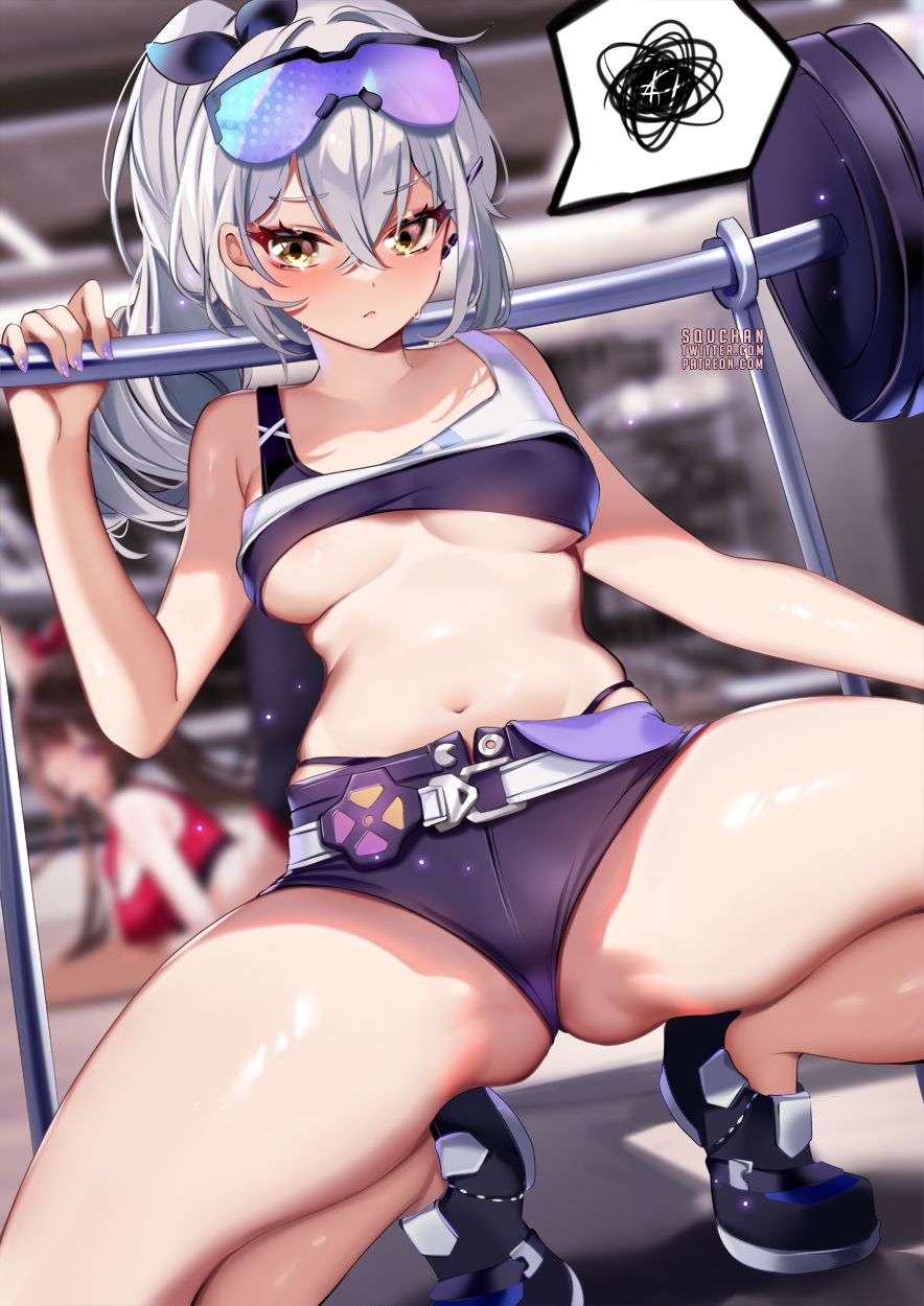 bangs bare_arms bare_legs bare_shoulders belt black_shorts blurry blurry_background blurry_foreground blush breasts collarbone depth_of_field eyebrows_visible_through_hair eyewear_on_head female frown grey_hair hair_between_eyes holding honkai:_star_rail long_hair looking_at_viewer medium_breasts midriff navel ponytail shoes short_shorts shorts silver_hair silver_wolf_(honkai:_star_rail) sleeveless small_breasts sneakers solo spoken_squiggle sports_bra squatting squchan squiggle stomach thighs underboob v-shaped_eyebrows