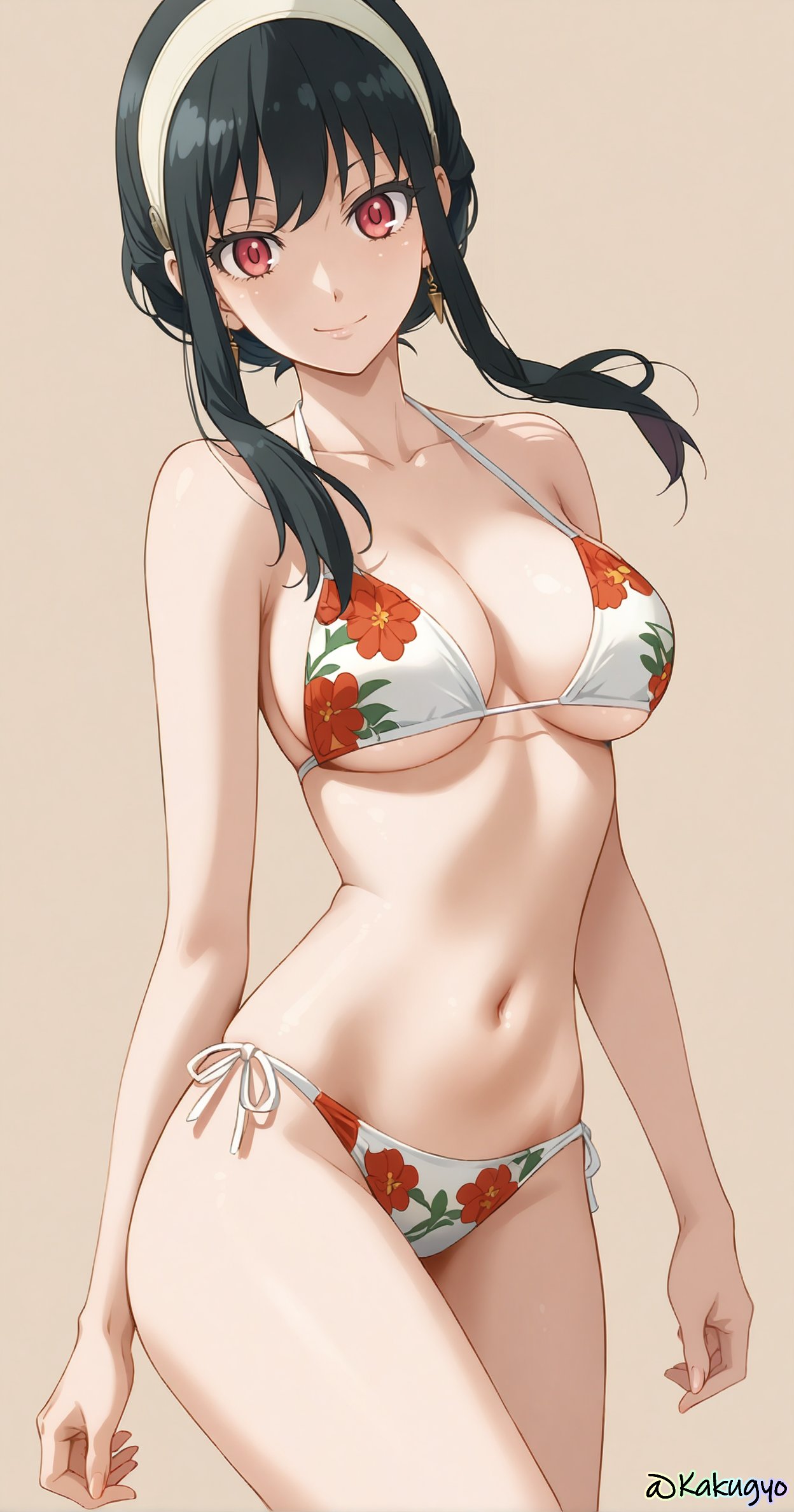 1girls ai_generated bikini black_hair breasts female female_only hair_band human nai_diffusion plain_background red_eyes sodeartworks solo spy_x_family stable_diffusion swimsuit tagme yor_briar yor_forger