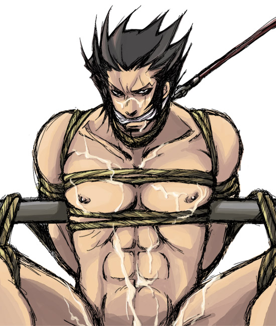 abs black_hair bondage capcom cum cum_on_body cum_on_upper_body furio_tigre gag gagged gay gyakuten_saiban gyakuten_saiban_3 male male_only muscular muscular_male rope rope_bondage shibakuzou_toranosuke spread_legs spreader_bar