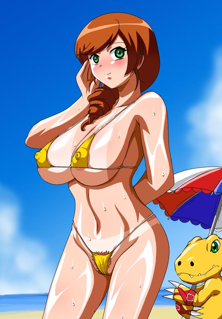 agumon agumon_(savers) beach bikini bikini_bottom bikini_tan bikini_top digimon digimon_(species) digimon_data_squad digimon_savers feral human milf pubic_hair pubic_hair_peek sayuri_daimon tan_lines