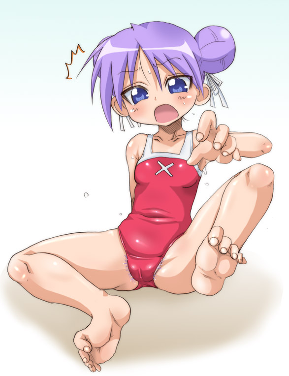 barefoot blue_eyes double_bun feet female female_only hair_bun hair_ribbon hair_ribbons hirokawa_hiroshi hirokawa_kouichirou human kagami_hiiragi lucky_star one-piece one-piece_swimsuit pubic_hair purple_hair ribbon ribbons solo swimsuit