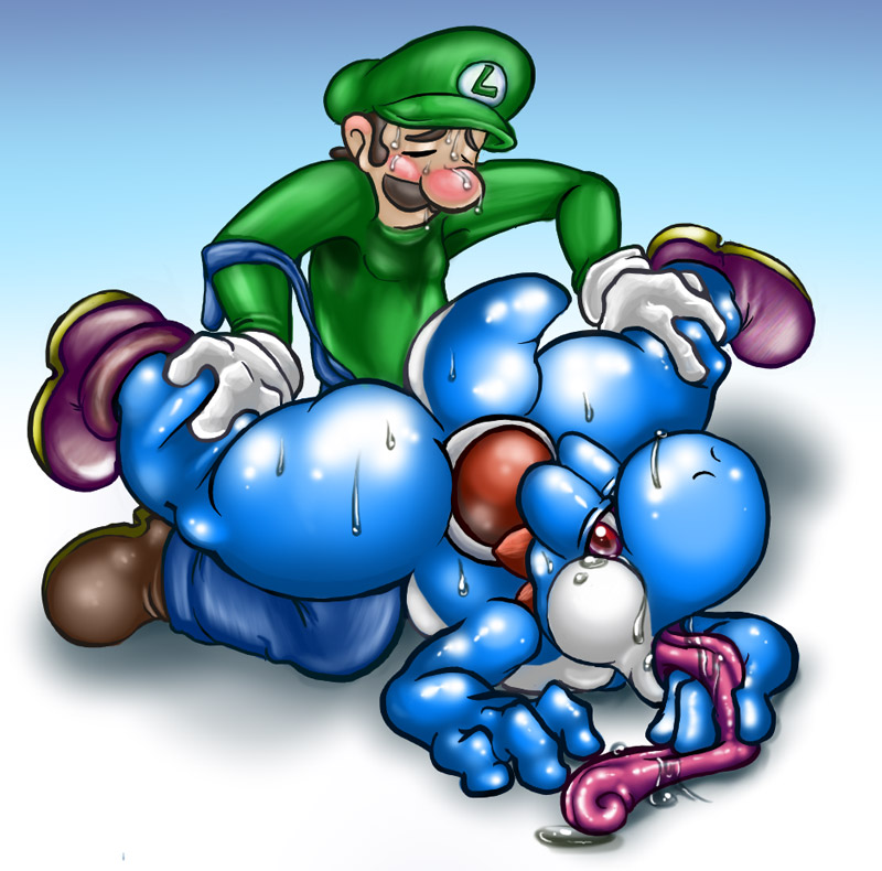 blue_yoshi clothes color furry human interspecies long_tongue luigi male mario_(series) nintendo nude opius saliva smooth_skin tagme tongue yoshi