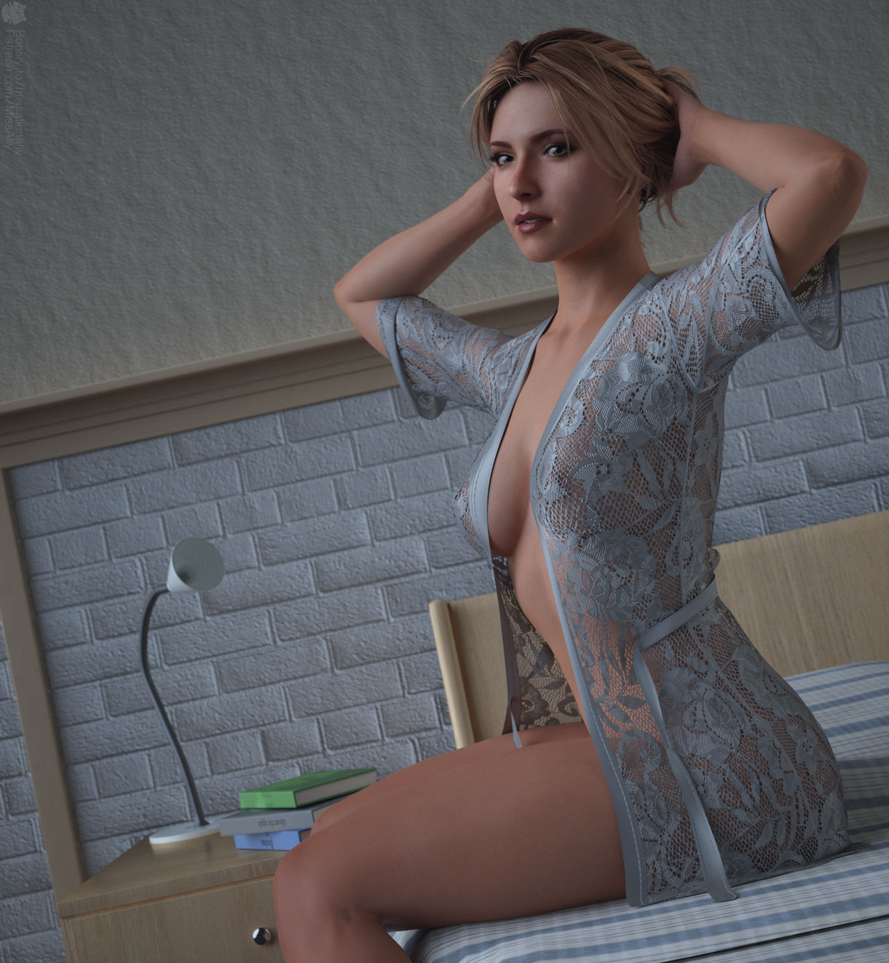 3d 3d_(artwork) 3d_model bed bedroom black_lingerie blonde_female blonde_hair blonde_hair_female caucasian caucasian_female green_eyes hands_behind_head interior inviting lingerie looking_at_viewer missally nearly_naked nearly_nude night_shirt on_bed samantha_giddings seductive seductive_look sitting_on_bed sony_interactive_entertainment standing supermassive_games until_dawn