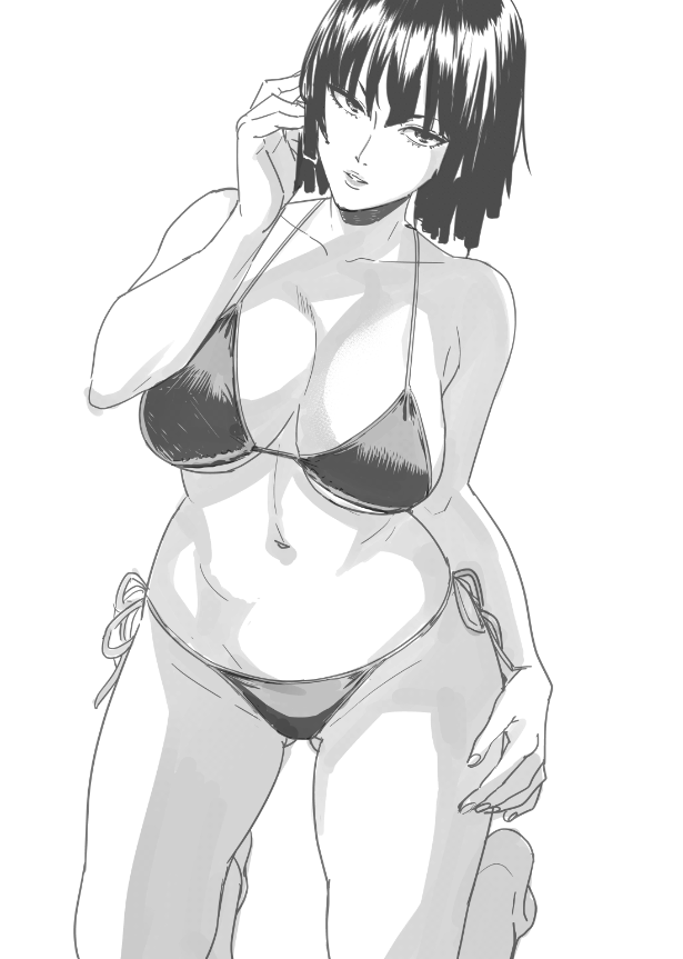 bare_shoulders barefoot bikini bikini_top_only black_bikini breasts cleavage collarbone commentary_request female fubuki_(one-punch_man) greyscale jyura large_breasts looking_at_viewer midriff monochrome navel one-punch_man short_hair simple_background solo swimsuit white_background