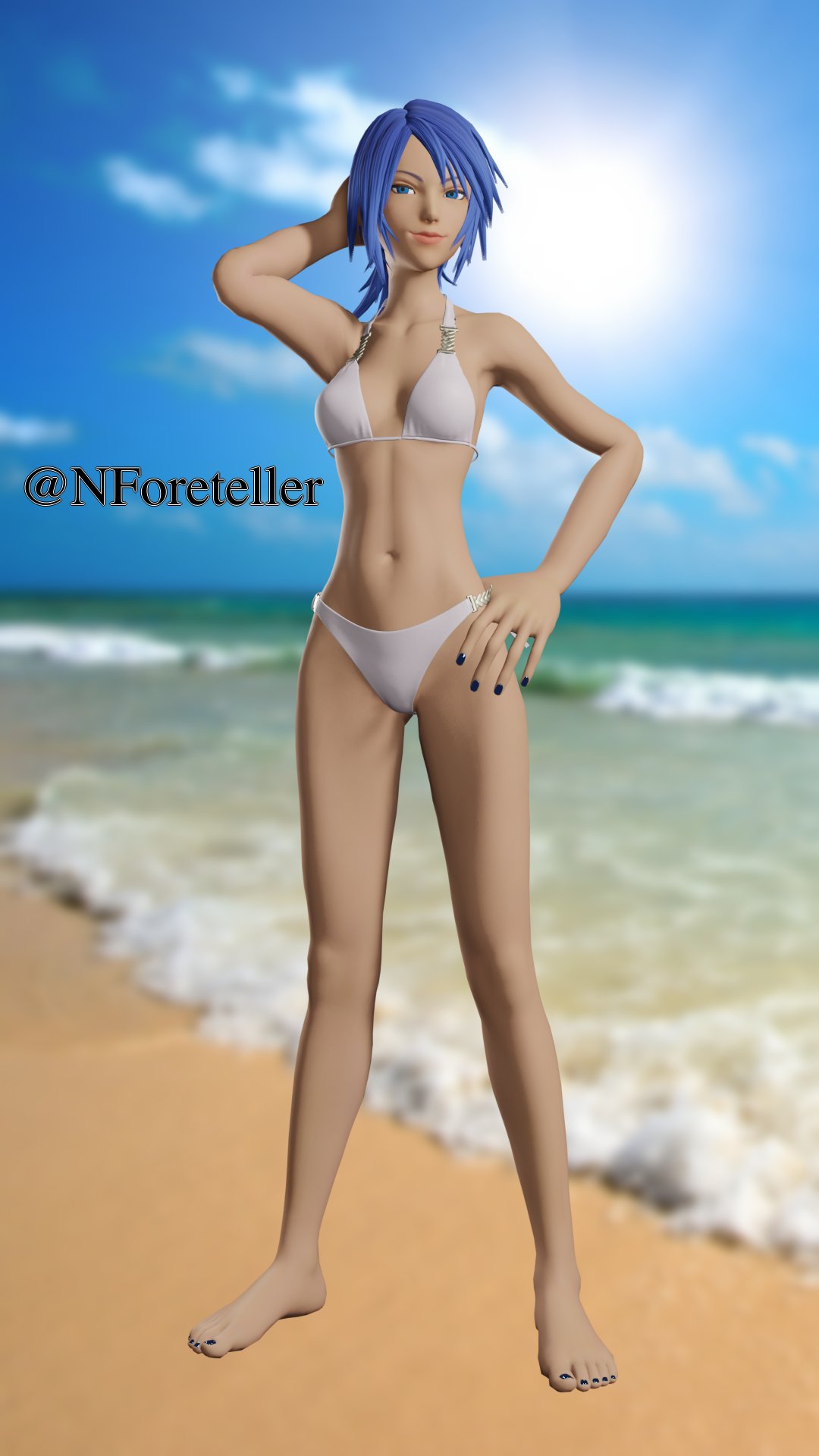 1girls 3d aqua_(kingdom_hearts) beach bikini blue_eyes blue_hair female hand_on_hip kingdom_hearts long_legs looking_at_viewer looking_to_the_side naughty_foreteller posing skinny smirk solo