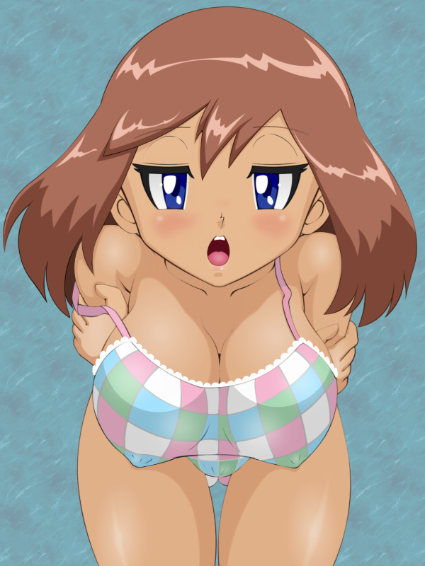 1girls bikini blue_eyes blush breasts brown_hair cleavage erect_nipples fat_mons female female_only huge_breasts human human_only large_breasts lupus may_(pokemon) naughty_face nintendo nipple_bulge pokemon solo solo_female swimsuit undressing