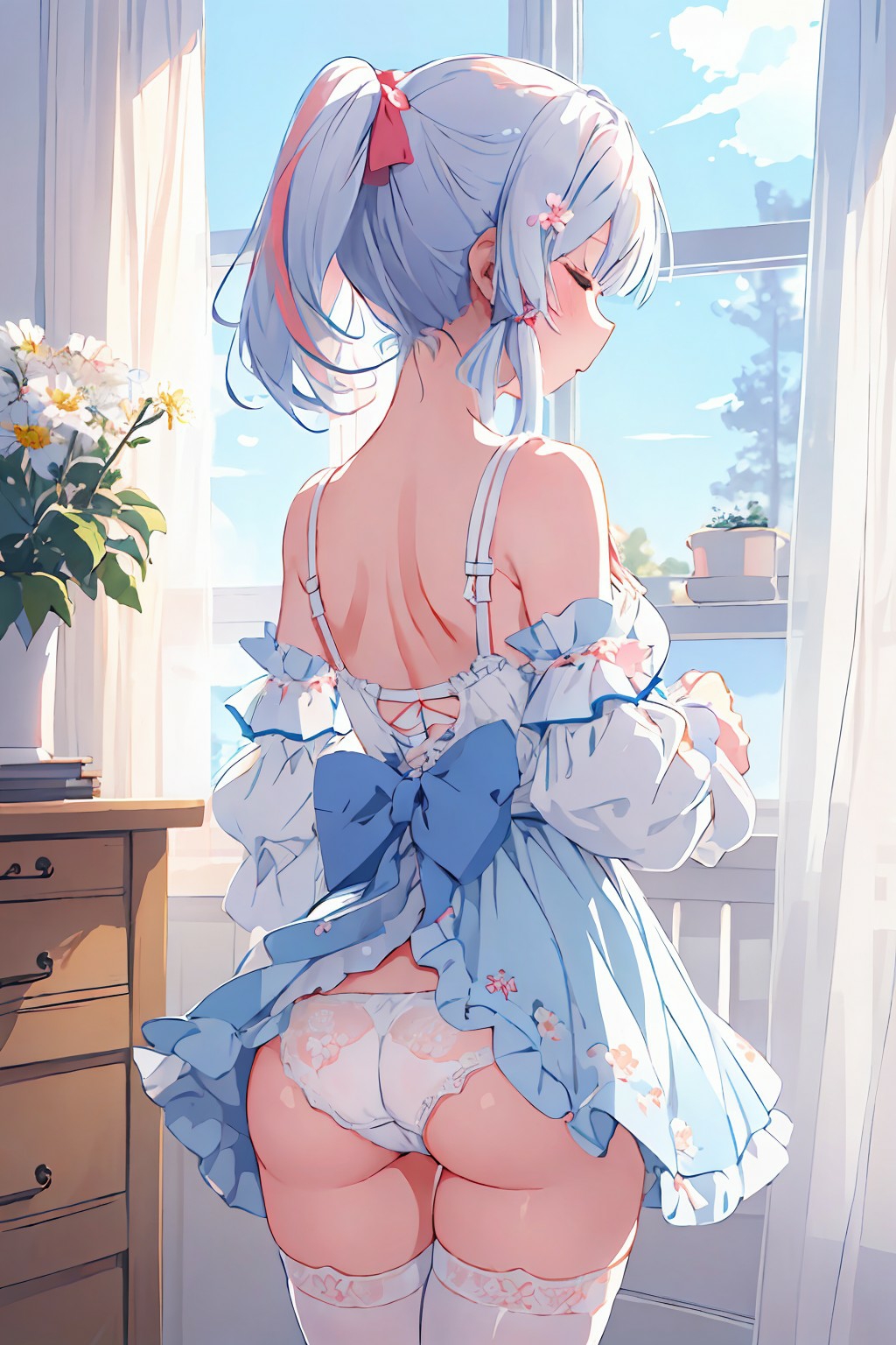 ai_generated armwear ass baby_blue_clothing baby_blue_hair back_view blue_clothing blue_dress blue_hair bra bra_straps chamomile closed_eyes clothed_female clothing curtains day daytime detached_sleeves dress exposed_panties eyes_closed female flower_vase flowers from_behind genshin_impact gluteal_fold hair hair_tie human indoors jaybe kamisato_ayaka kawaii_style legwear light_blue_clothing light_blue_hair medium_butt panties pantyshot pastel pastel_girl pastel_style petite short_dress shoulder_blades small_panties solo stockings thighhighs tied_hair top vase white_bra white_legwear white_panties white_thighhighs wholesome window