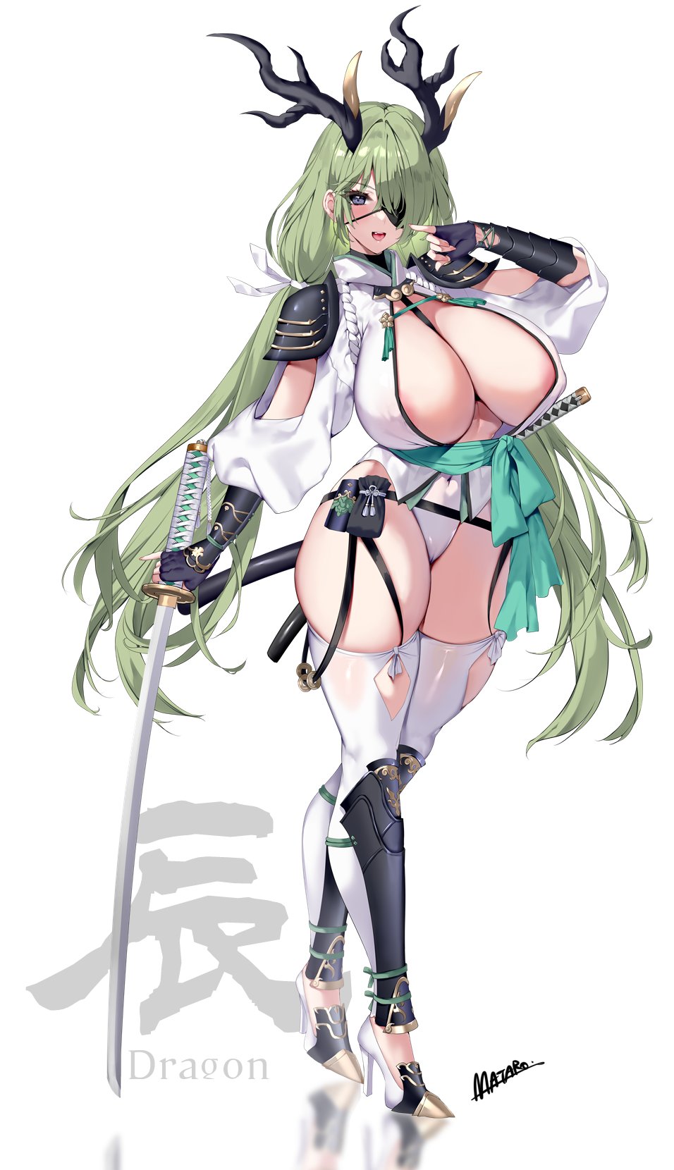 areola_slip armor armor_plates artist_name blue_eyes cameltoe dragon_girl dragon_horns english_text eyepatch fingerless_gloves full_body gigantic_breasts green_hair hair_over_one_eye heels highleg_leotard huge_thighs kanji katana leggings looking_at_viewer mataro_(matarou) new_year satchel signature skimpy_armor smile thick_thighs very_long_hair wide_hips