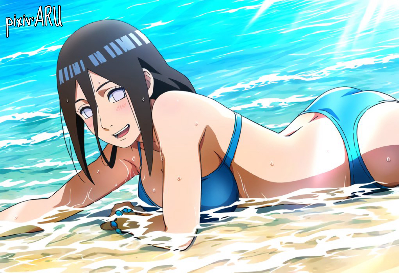 1girls, accurate art style, ai generated, artist name, aru117, ass, beach, big breasts, bikini, bikini bottom, bikini top, boruto: naruto next generations, bracelet, breasts, female, female only, hyuuga hanabi, light skin, light-skinned female, long hair, looking at viewer, lying, lying on stomach, nai diffusion, naruto, naruto (series), on stomach, partially submerged, petite, pixiv username, purple eyes, sand, seaside, side view, sideboob, smile, solo, solo focus, stable diffusion, swimsuit, water, watermark