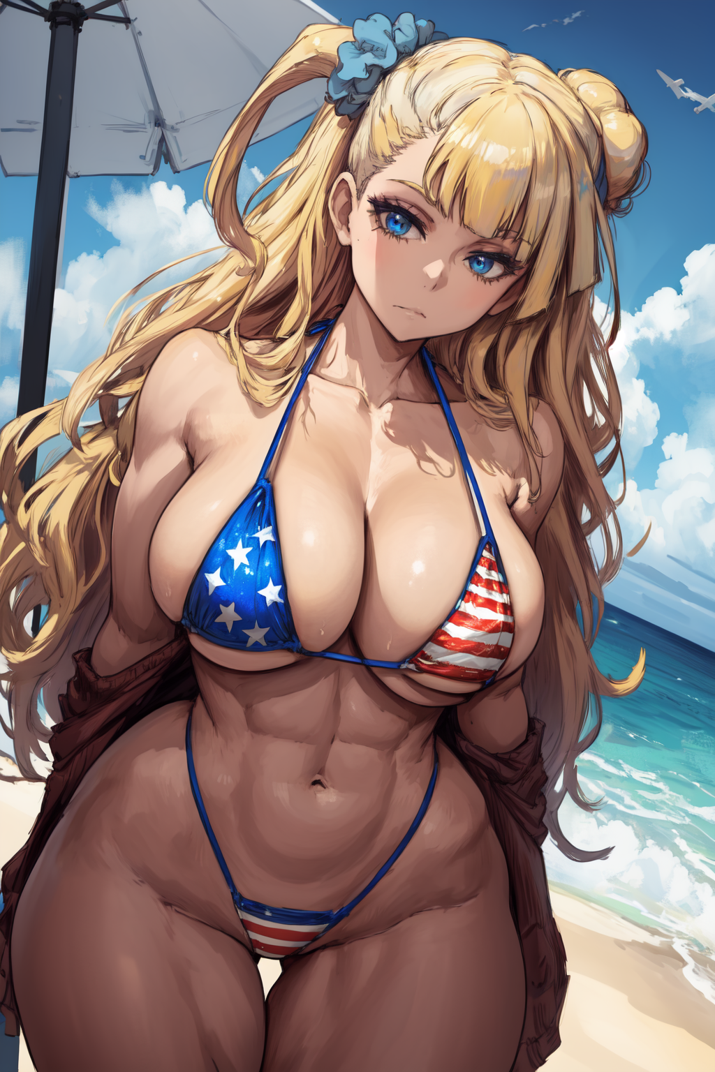 1girls abs ai_generated american_flag_bikini athletic_female big_breasts bikini blonde_hair blue_eyes cleavage curvaceous curvy_body curvy_female feet_out_of_frame female female_focus female_only galko hair_bun light-skinned_female light_skin long_hair looking_up muscular_thighs oshiete!_galko-chan standing swimsuit taking_clothes_off thick thick_thighs toned_female umbrella voluptuous voluptuous_female water wide_hips