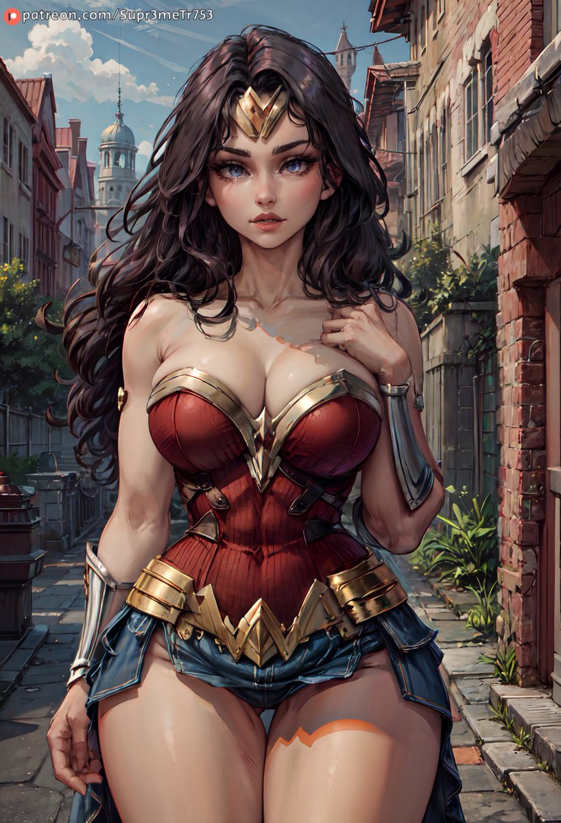 ai_generated big_breasts black_hair blue_eyes breasts cleavage curvaceous curvy curvy_body curvy_female curvy_figure dc dc_comics female female_only fit fit_female large_breasts large_hips looking_at_viewer small_waist solo supr3metr thick_thighs thighs wide_hips wonder_woman wonder_woman_(series)