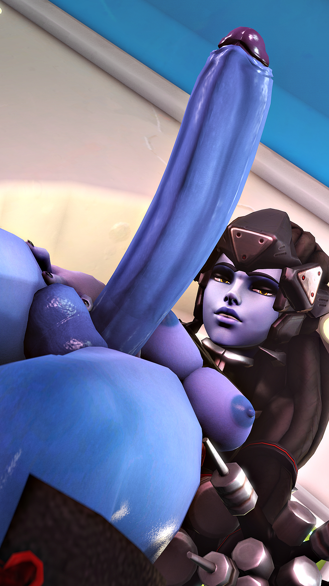 1futa, 3d, alternate costume, areolae, big penis, blackjr, breasts, erection, futa only, futanari, intersex, looking at viewer, nipples, noire widowmaker, overwatch, penis, solo, source filmmaker, taker pov, widowmaker