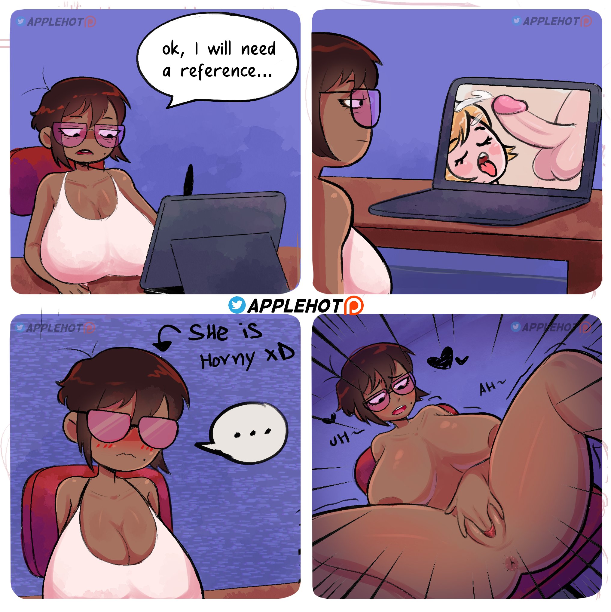 1girls, 4koma, applehot, blush, breasts, comic, dark skin, dark-skinned female, english text, female, glasses, huge breasts, laptop, male, mara (applehot), masturbation, original, penis, short hair, sitting, solo, spread legs, thick thighs, watching porn