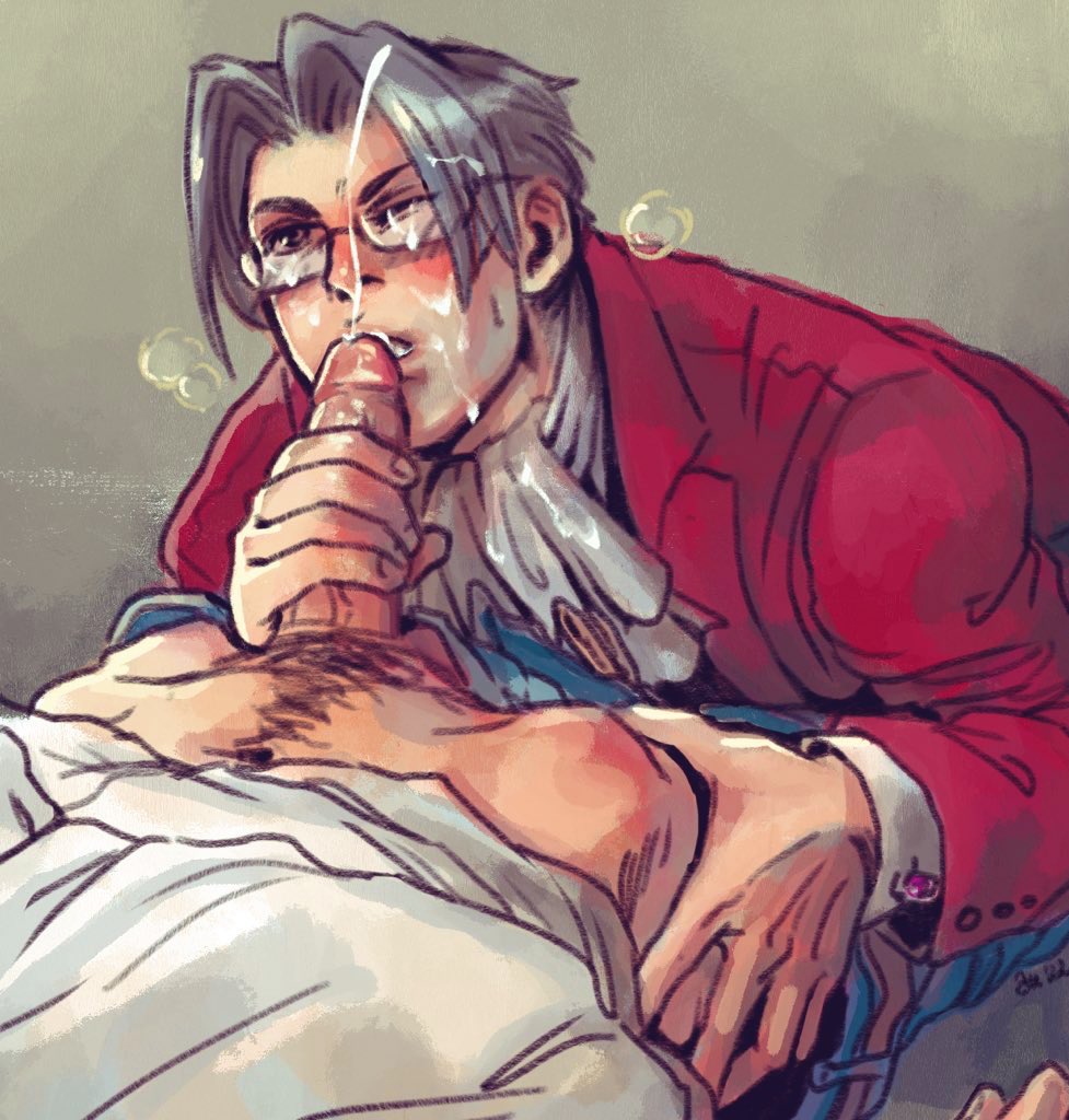 1boy 1male 2boys 2males blowjob blue_pants blush blush_lines blushing_at_partner blushing_male bubbles capcom clothed clothed_male clothed_male_partially_nude_male clothed_sex cravat cum cum_in_mouth cum_on_face cum_on_glasses cum_on_hair cumming cumming_from_oral cumming_in_mouth cumshot dick gay gay_blowjob gay_male gay_sex grabbing_waist gray_eyes gray_hair grey_eyes grey_hair gyakuten_saiban implied_character looking_at_partner male male/male male_focus male_only miles_edgeworth mitsurugi_reiji naruhodou_ryuuichi partially_clothed penis phoenix_wright red_coat tagme unseen_character unseen_male_face video_game_character video_game_franchise video_games yaoi