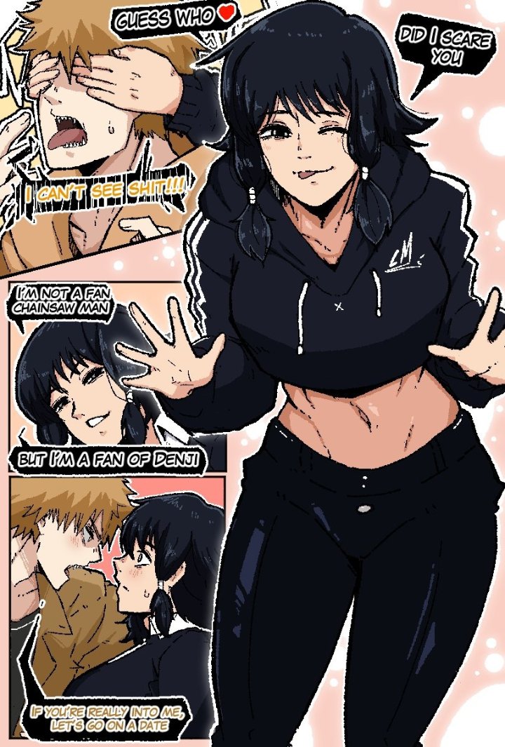 black_hair black_hoodie black_pants chainsaw_man dating denji_(chainsaw_man) fumiko_mifune_(chainsaw_man) mark_gavatino non-web_source sharp_teeth tagme tongue_out