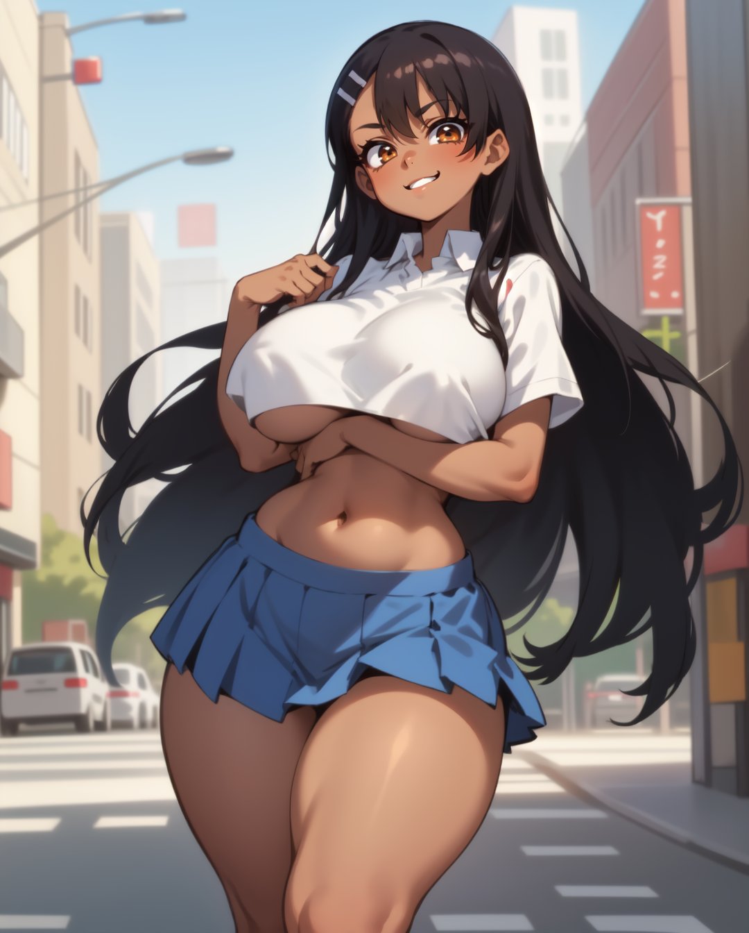 1girls, ai generated, ass, big ass, big breasts, breasts, city, female, hayase nagatoro, looking at viewer, please don't bully me, nagatoro, rocksolidart, school uniform, solo, solo female