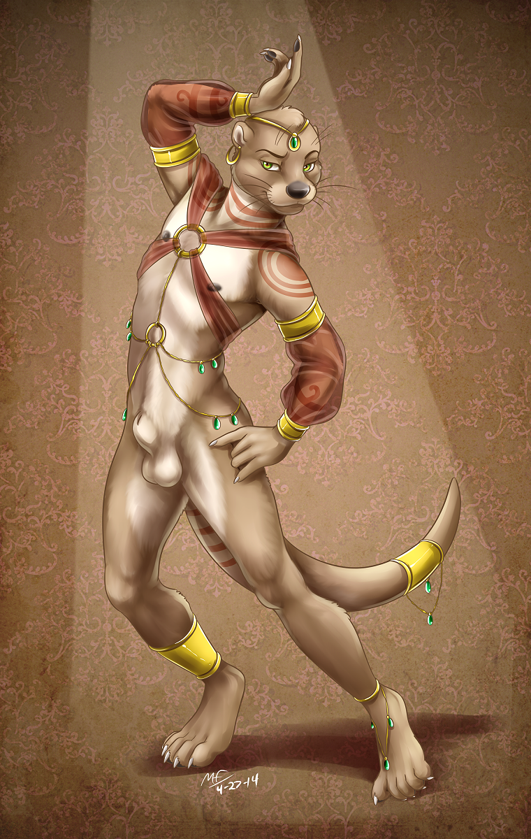 1boy anthro balls chains cuffs dancing ear_piercing furry furry_male furry_only gold harem harem_boy harem_outfit jewelry ket_lesh male male_only mammal metal moodyferret mustelid nipples otter piercing sheath silk solo tagme