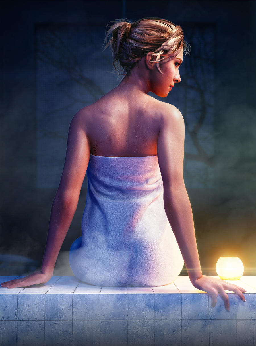 1girls 3d 3d_(artwork) 3d_model bathroom blonde_female blonde_hair blonde_hair_female caucasian caucasian_female female hayden_panettiere looking_away night samantha_giddings sitting skstalker solo sony_interactive_entertainment steam supermassive_games towel until_dawn wet wet_body wet_skin