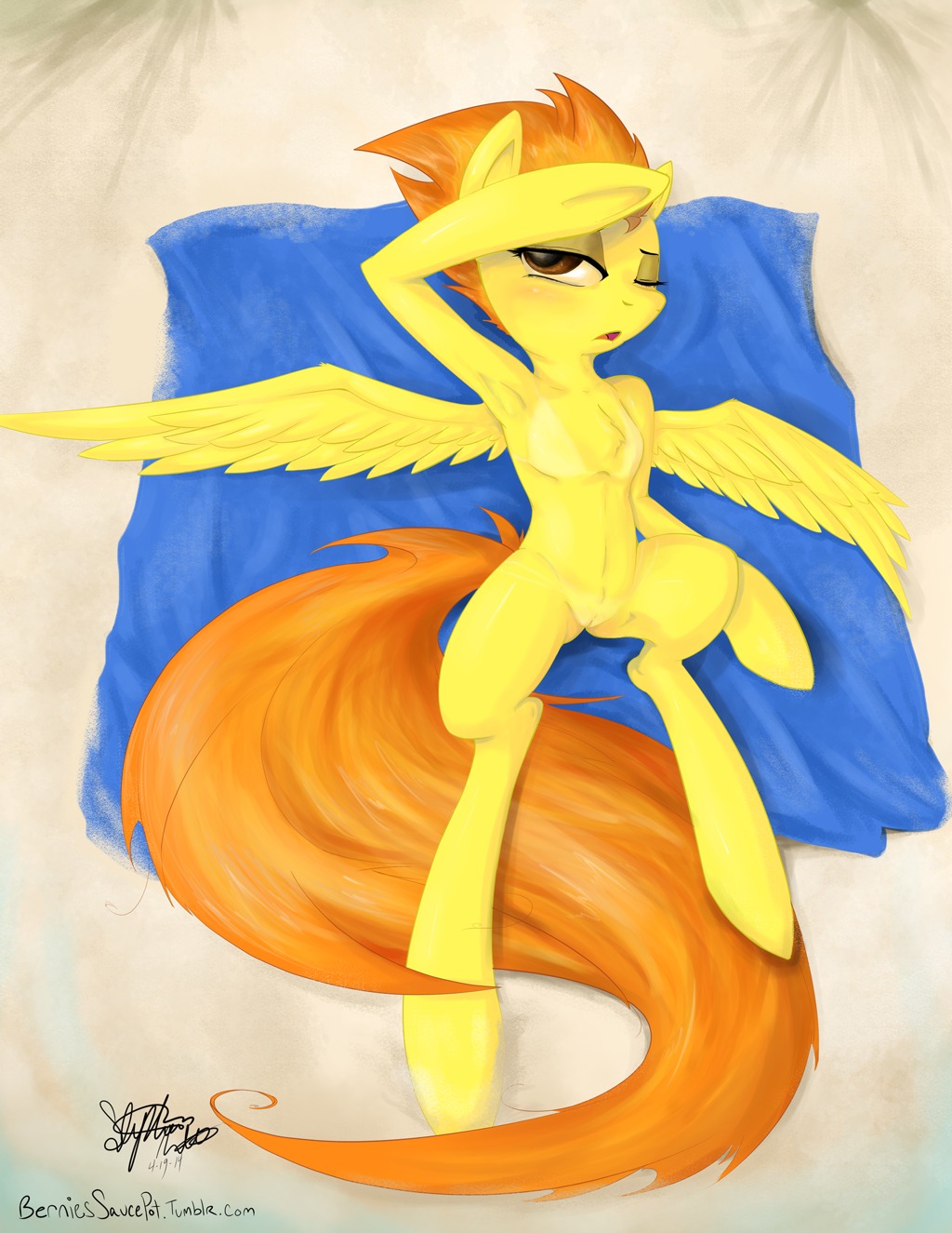 2014 anthro berndem-bones blush equine female friendship_is_magic fur hair lying mammal my_little_pony nude on_back one_eye_closed orange_hair pegasus pinup pussy solo spitfire_(mlp) two_tone_hair wings wonderbolts_(mlp) yellow_fur