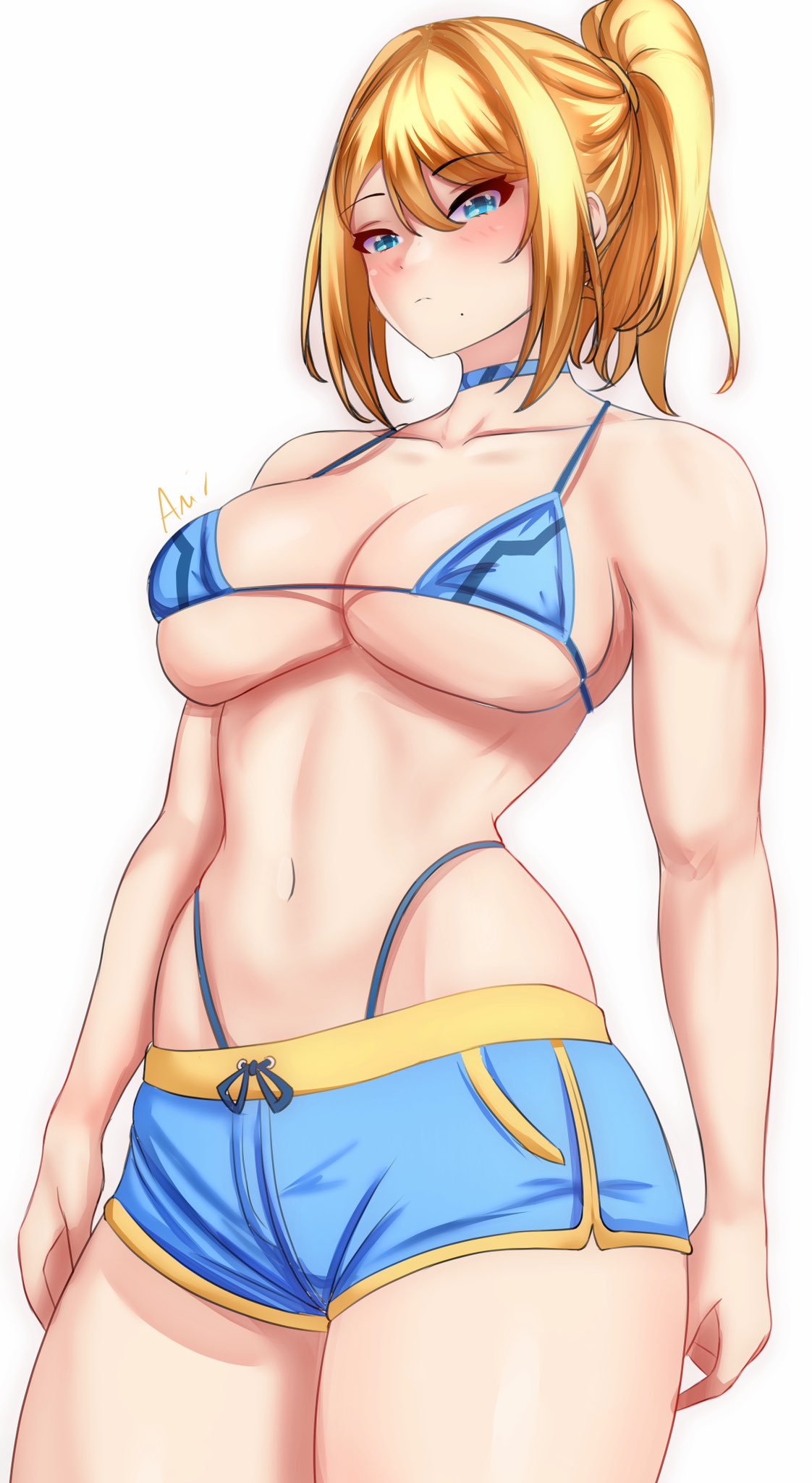 anisdrawn, bikini, blue bikini, blue choker, blue eyes, blue shorts, breasts, choker, collarbone, commentary, cowboy shot, female, female only, fully clothed, highres, large breasts, metroid, navel, nintendo, ponytail, revealing clothes, samus aran, short hair, short shorts, shorts, simple background, skimpy clothes, solo, standing, stomach, swimsuit, thighs, thong straps, white background