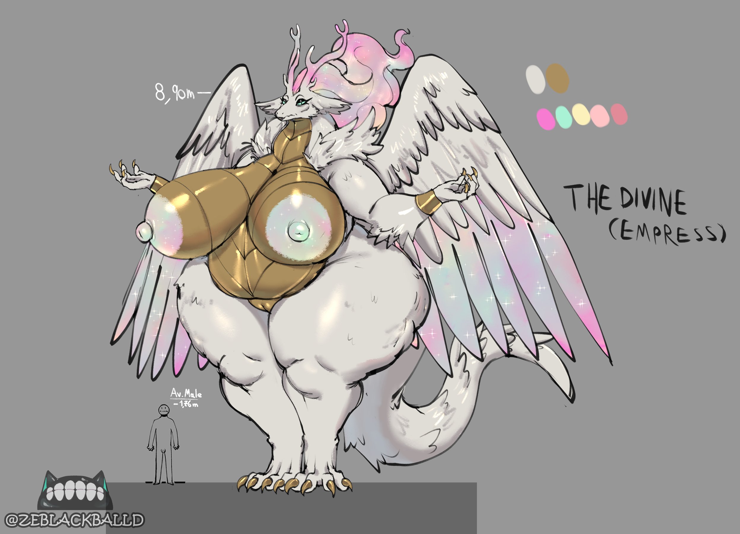 1boy, 1girls, anthro, areola, areolae, big areola, breasts, character sheet, dragon, dragoness, fat, female, goddess, huge areolae, huge breasts, large areolae, larger female, male, model sheet, original, reference sheet, the divine (zeblackballd), thick thighs, unfinished, voluptuous female, ze blackball.d, zeblackballd (artist)