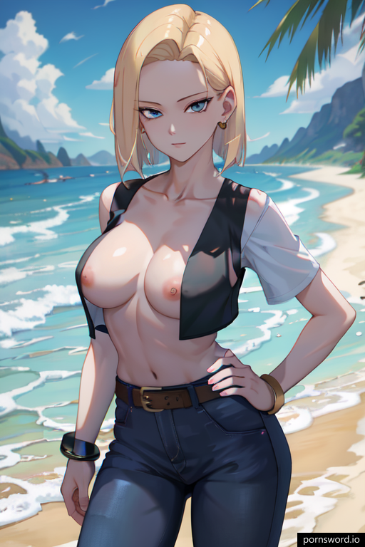 ai_generated android_18 beach dragon_ball_z hand_on_hip pornsword.io pornwaifu.ai topless topless_female