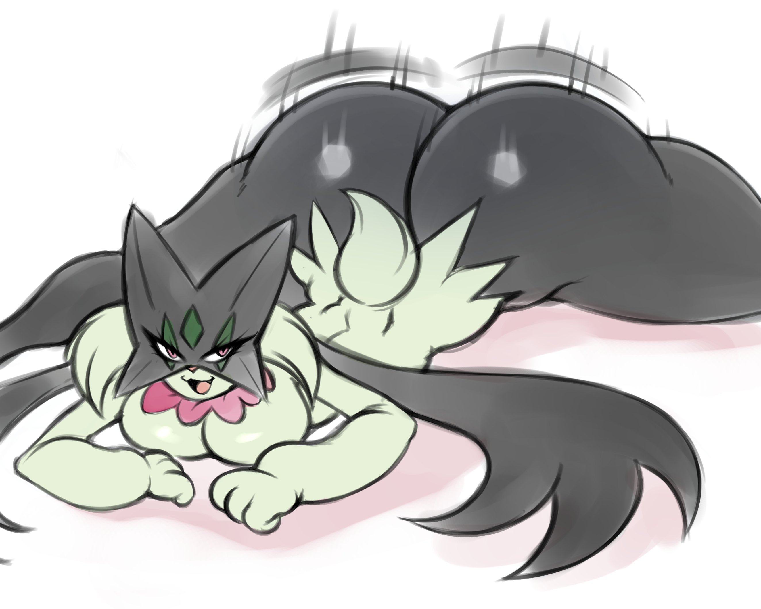1girls, anthro, ass, breasts, feline, female, female pokemon, furry, green body, hi res, huge ass, huge breasts, meowscarada, naughty face, nintendo, pokémon (species), pokemon, pokemon (species), pokemon sv, saltyxodium, simple background, thick thighs, twerking