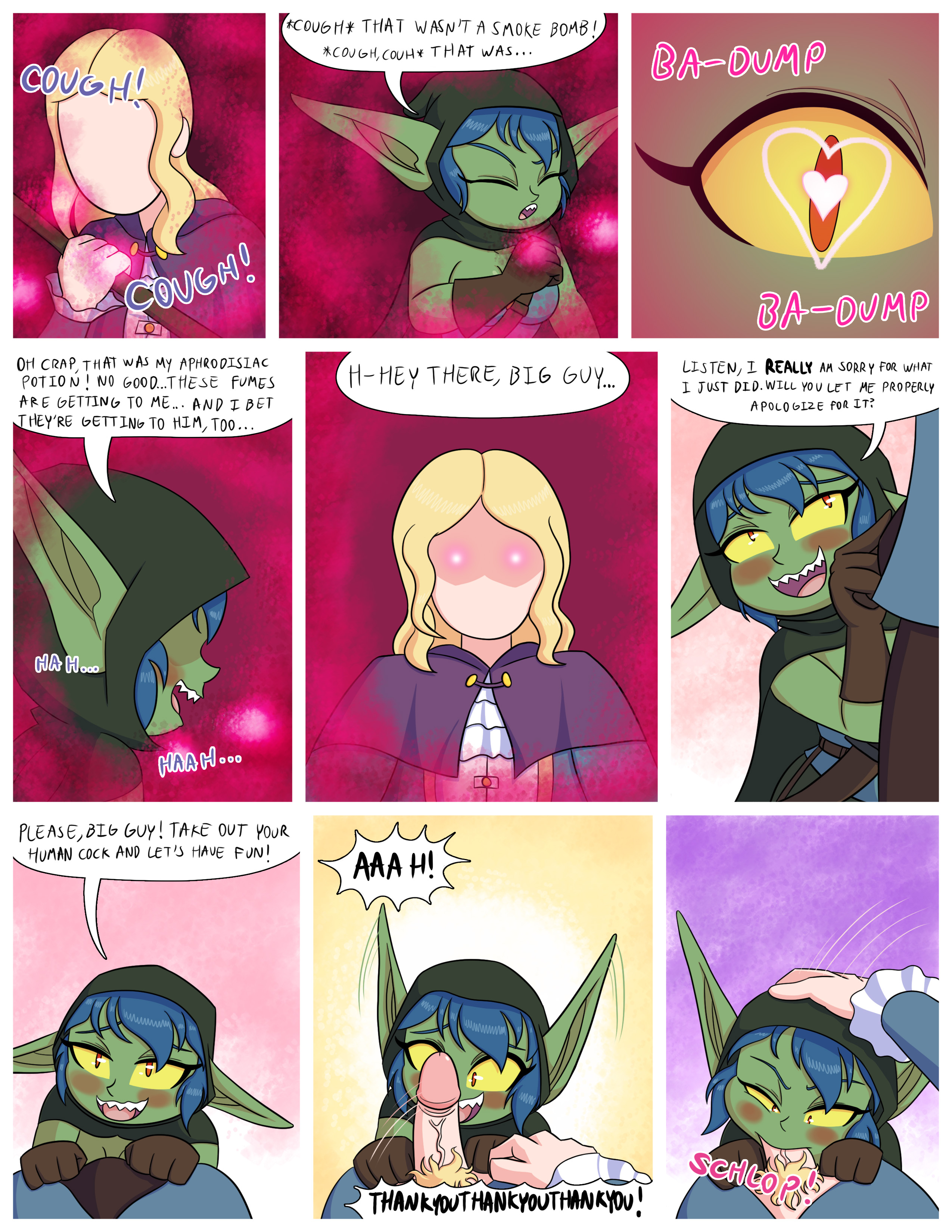 1boy, 1girls, blowjob, blue hair, blush, cloak, comic, comic page, dialogue, fantasy, fellatio, female, goblin, goblin female, human, human on humanoid, humanoid, interspecies, love potion, male, male/female, noxshade, onomatopoeia, oral, oral sex, original character, penis, robbin hobbs, smile, straight, tagme, text