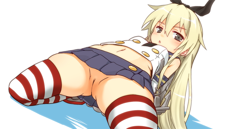 anchor blonde_hair blush bow brown_eyes elbow_gloves female gloves hair_ornament hairbow kantai_collection kneeling leaning_back long_hair looking_at_viewer navel no_panties personification pussy shimakaze_(kantai_collection) simple_background skirt solo striped striped_legwear thighhighs uncensored white_background white_gloves yuto